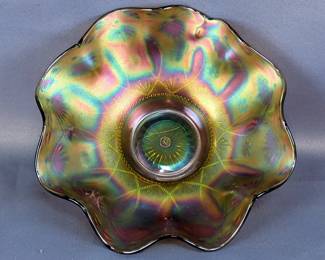 Northwood Ruffled Edge Threaded Base Carnival Glass Bowl, Approx 3" x 8"