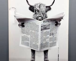 Highland Cow On Toilet Reading Daily News Print On Canvas, 23.25" x 15.75"