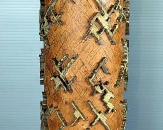 Antique Hand Crafted Wooden And Metal Textile Printing Roller With Abstract Pattern, Marked 4984, Approx 20.5" x 4"