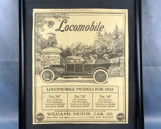 Kansas City Journal 1912 Locomobile Framed Advertisement, 21.25" x 17.25"