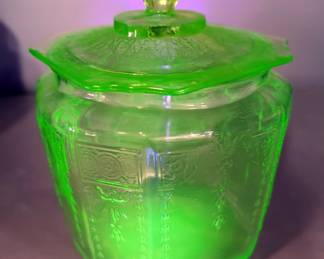 Uranium Glass Lidded Jar With Pressed Pattern
