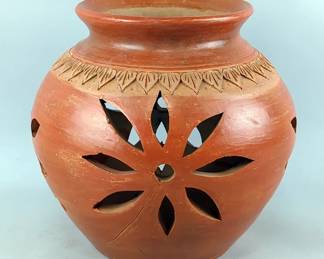 Hand Crafted Terracotta Lantern With Floral Cutouts, 10.5" x 11"
