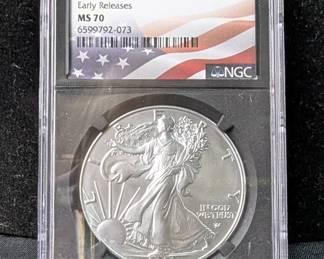 2023 American Eagle $1 Silver Coin, 1oz Fine Silver, Graded MS 70 By NGC