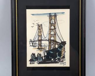 John Irwin Friedman AKA "Partee"(American 1934-2008) "Golden Gate Bridge" Framed And Matted Print, 13" x 10"