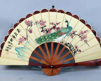 Hand Painted Chinese Folding Fan With Watercolor Peacock And Cherry Blossom Design, 16" x 28"