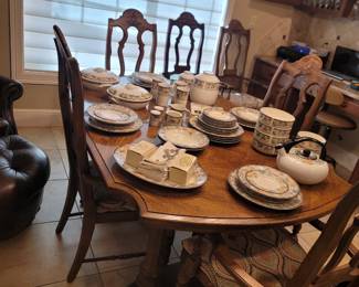 Vintage Dining Table w/ 6 Chairs, Mikasa Garden Harvest Dish Set & Accessories