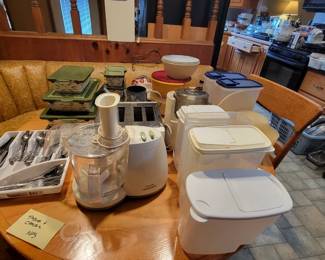 Tupperware, flatware, small kitchen appliances