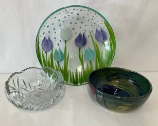 Decorative Serving Bowl, Floral Glass Platter and Cut Glass Bowl Trio