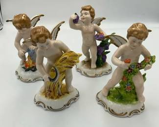 Vintage Four Seasons Cherub Putti Figurines Set of 4 Porcelain Angels Floral Harvest Decor
