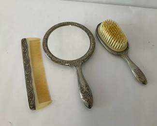 Vintage Vanity Grooming Set with Ornate Hand Mirror, Brush and Comb