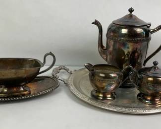 Silver Plate Coffee Service with Gravy Boat and Serving Trays