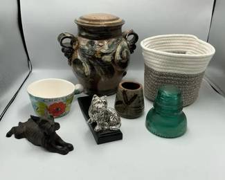 Studio Pottery Decor Dog Figurines Glass Insulator and Basket