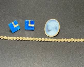 14K Gold Italy Cameo Pin 14K Gold Bracelet and Blue Stone Earrings