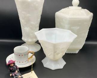 Anchor Hocking Milk Glass Covered Jar with Vase Footed Bowl and Teacup
