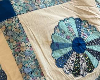 Handmade Blue Floral Patchwork Quilt with Applique Flowers