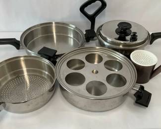 Vintage Stainless Steel Cookware Set with Egg Poacher Insert and Grease Separator