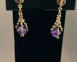 14K Gold Dangle Earrings With Purple Beads