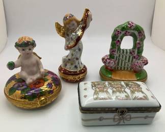 Peint Main Limoges Figural Trinket Boxes Cherub, Angel, Garden Gate Decorative Box 4 Pieces