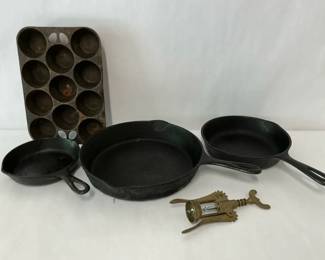 Cast Iron Skillets Muffin Pan and Antique Corkscrew