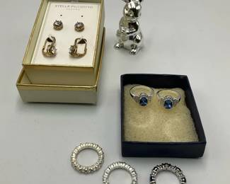 Sterling Silver Earrings and Fashion Rings with Silver Tone Bunny Figurine