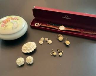 Omega Ladies Watch With Floral Jewelry and Trinket Box