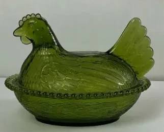 Vintage Indiana Glass Olive Green Hen on Nest Covered Dish