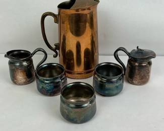 Old Dutch Copper Pitcher with Reed and Barton Silverplate Serving Pieces