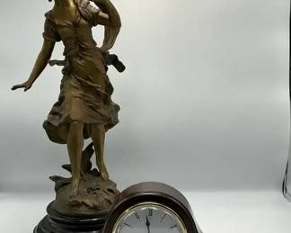 French Bronze Le Charme After Auguste Moreau with Quartz Mantel Clock
