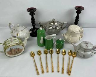 Teapots Coffee Service Candlesticks and Gold Tone Bamboo Spoons