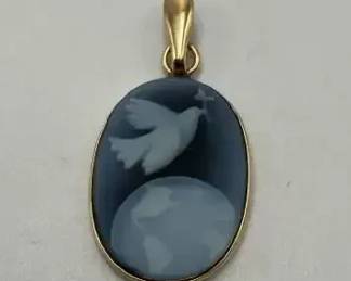14K Gold Blue Wedgwood Jasperware Dove and Globe Pendant