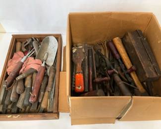 Vintage Hand Tools and Garden Tool Lot with Auger Bits and Toolbox