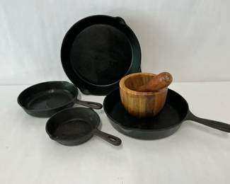 Cast Iron Skillets Griddle and Wooden Mortar and Pestle