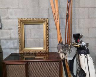Vintage Cabinet Stereo, Vintage Skis, Golf Clubs