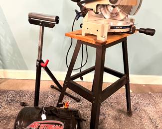 Delta compound miter saw, roller stand, 7 gal  compressor