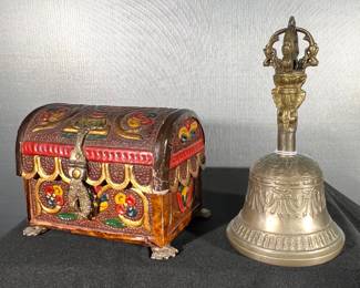 Vintage hand tooled leather chest, Tibetan brass bell