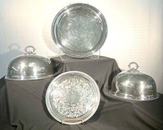Vintage silver plate trays and two cloches