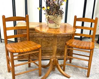Pair ladder back wooden slat bottom chairs, round side table