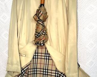 Famous brand clothing in L and XL shown here :Burberry raincoat and matching umbrella