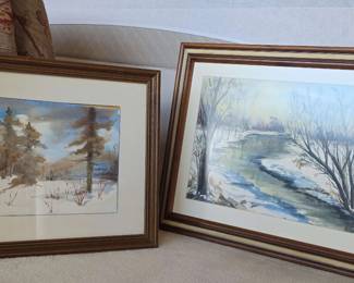 2 Winter Scape Watercolor Art  By A. Meves