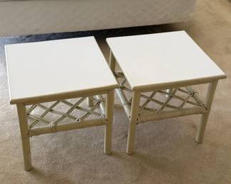 2 White StoolsWicker Style Side Tables