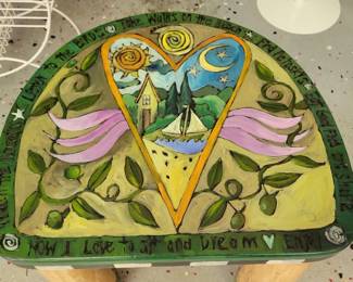 Hand painted end table.  Signed "Sticks 1999"