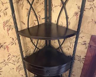 Wrought Iron and Wood Corner Etagere with Drawer second image