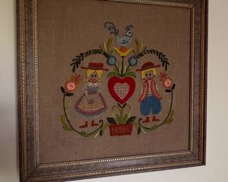 Vintage Folk Art Embroidery Sampler Boy and Girl with Heart and Rooster