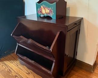 Vintage Wooden Magazine Rack with Cabinet and HandPainted Caddy