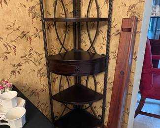Wrought Iron and Wood Corner Etagere with Drawer
