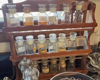 Vintage Wooden Spice Rack with Glass Apothecary Jars