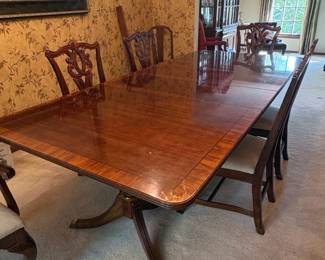 Chippendale Style Flame Mahogany Double Pedestal Dining Table and Chairs
