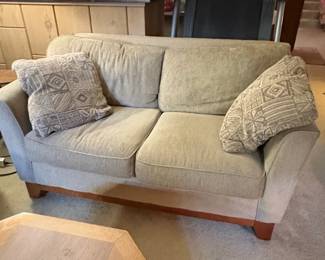 MidRange Beige Fabric Sofa with Accent Pillows