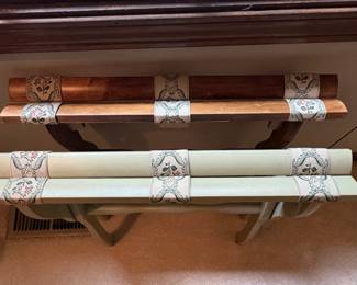 Vintage Folding Wooden Luggage Racks with Floral Tapestry Straps second image