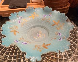 Victorian Blue Opalescent Glass Brides Basket with Enameled Floral Decoration second image